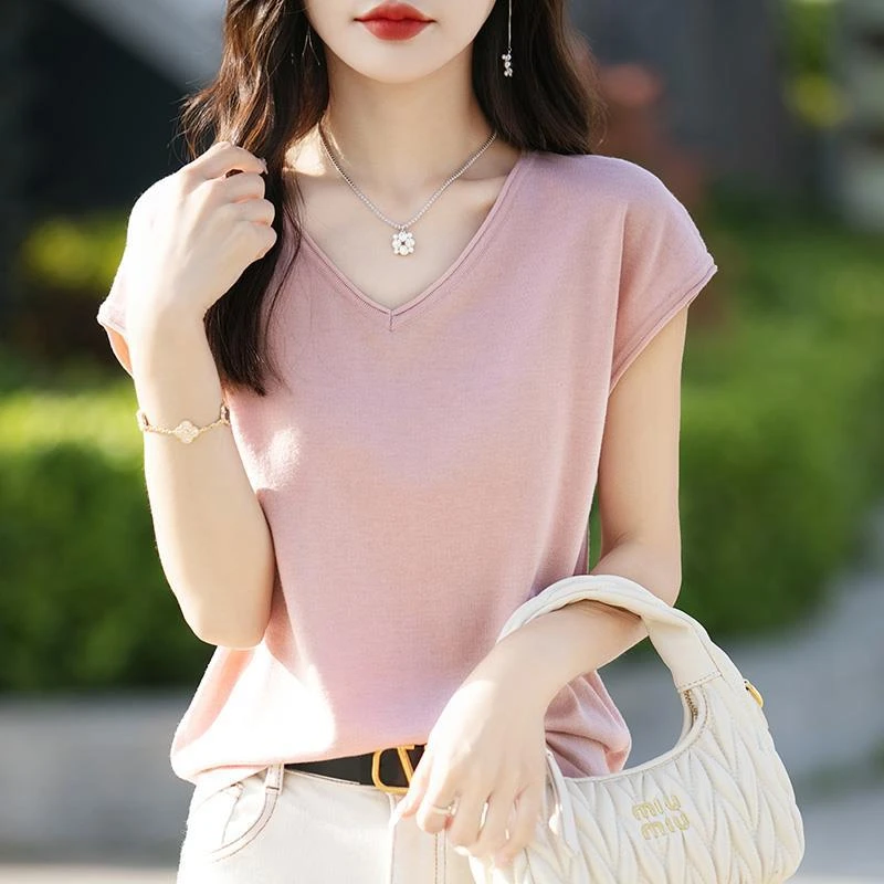 v领针织t恤女2025新款夏季薄款透气宽松休闲百搭洋气短袖上衣爆款