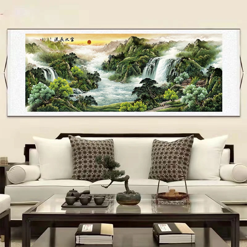 传统挂画-《源远流长》-六尺横幅-客厅-山水挂画