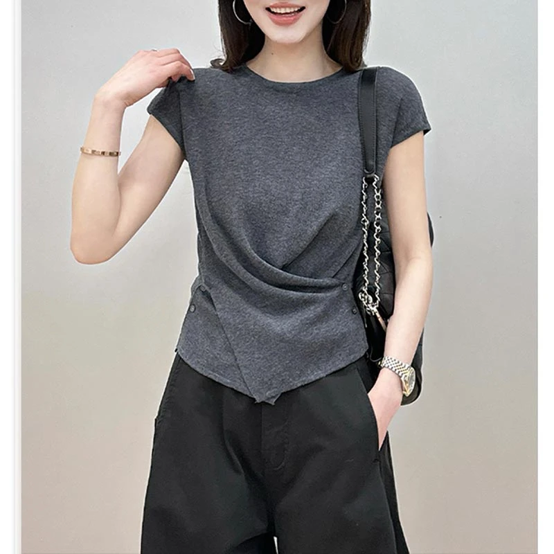 2025年夏季新款通勤简约短袖t恤女装不规则收腰显瘦上衣设计感潮