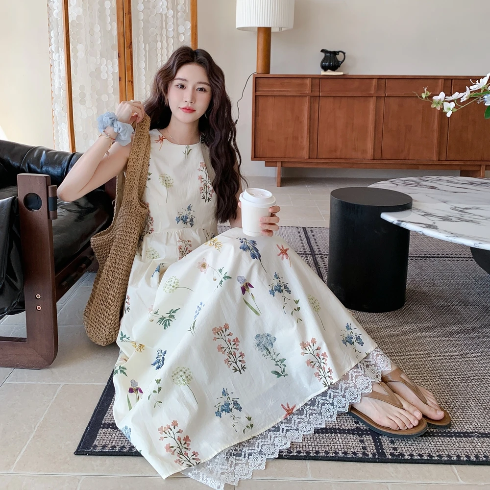 法式绝美印花无袖连衣裙女2025夏季新款设计感宽松蕾丝小众背心裙