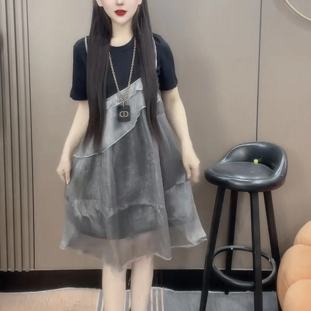 夏季新款百搭时尚洋气遮肉显瘦假两件半袖拼接亮纱女装连衣裙