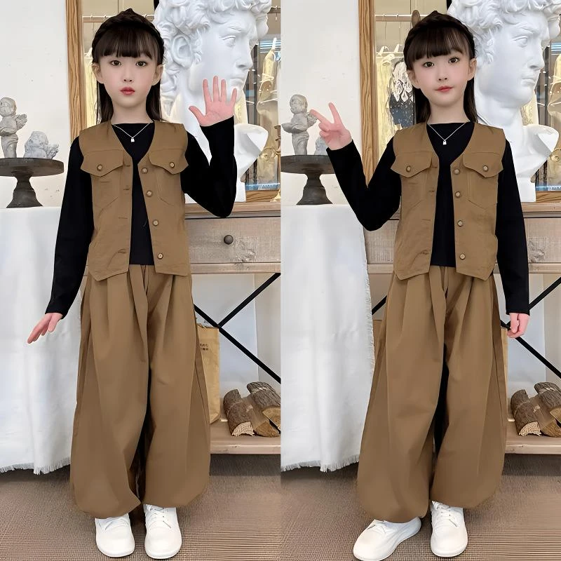 女童套装2025春秋新款儿童洋气时髦马甲长袖打底衫裤子休闲三件套