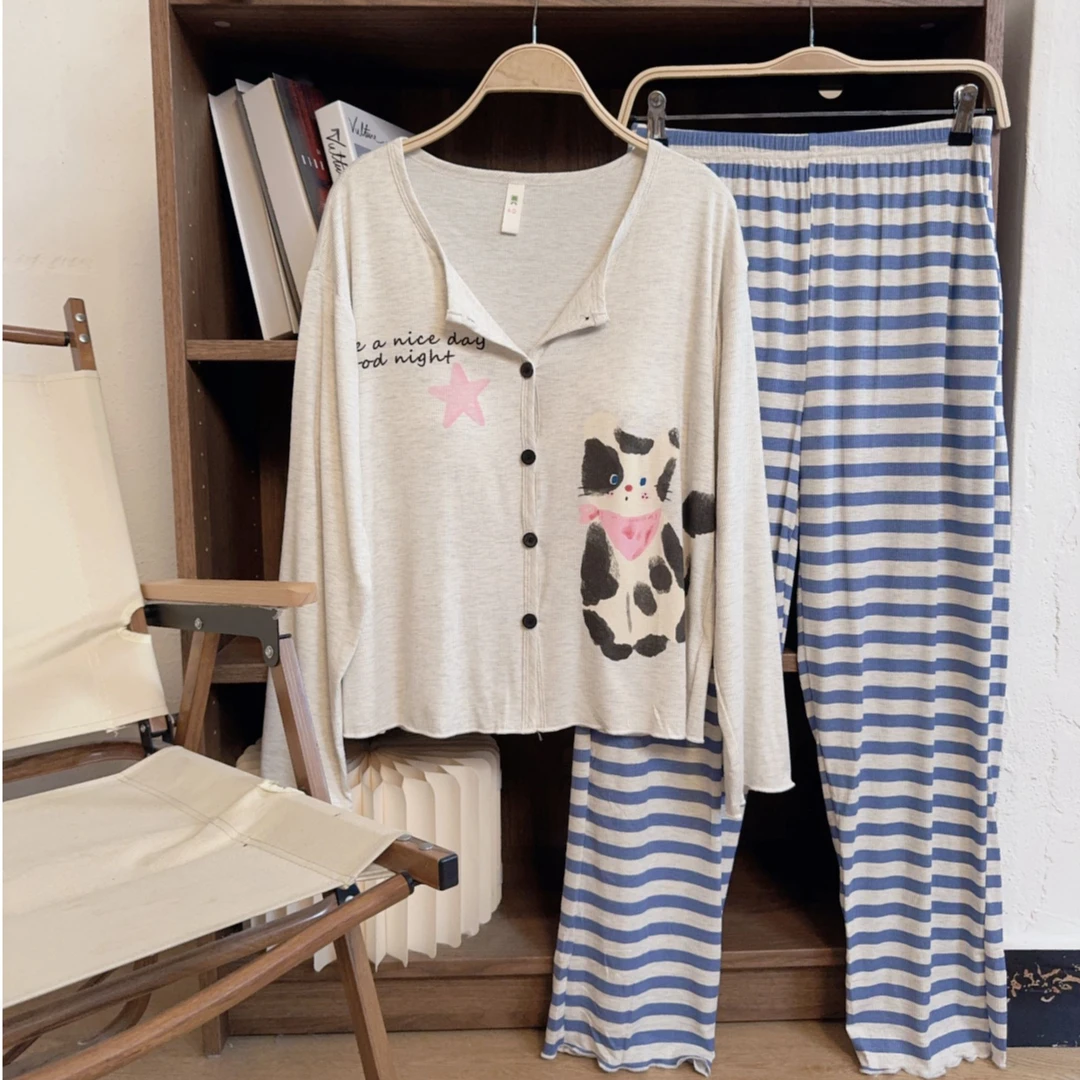 【奶牛猫长袖】新款带胸垫可外穿休闲家居服套装