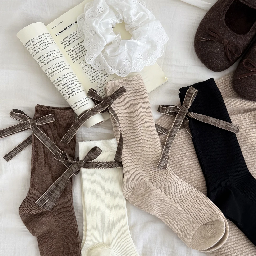 秋冬双针配饰花边中筒袜女重工麻花扣子棉袜格子飘带堆堆袜美拉德