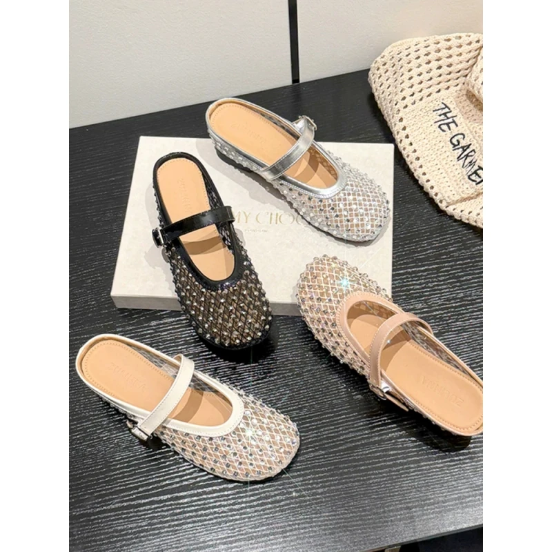 时尚内增高水钻包头半拖鞋女2025夏季外穿网面透气仙女凉拖鞋女