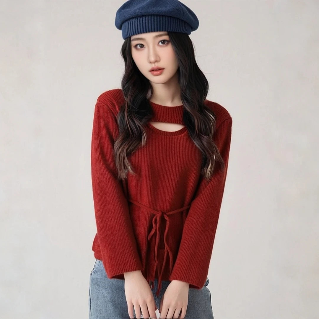 【国贸精品】超细羊毛+浣熊毛圆领镂空系腰开叉厚毛衫上衣女冬