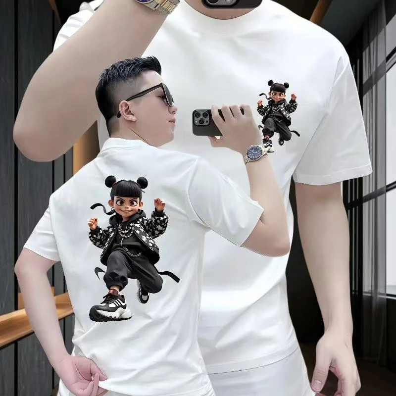 外套哪吒双面高品质新款轻奢百搭极简印花流行圆领时尚宽松半袖