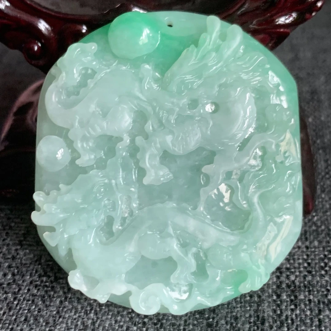 翡翠吊坠天然翡翠A货带绿龙牌吊坠正品翡翠二龙戏珠吊坠礼物男女