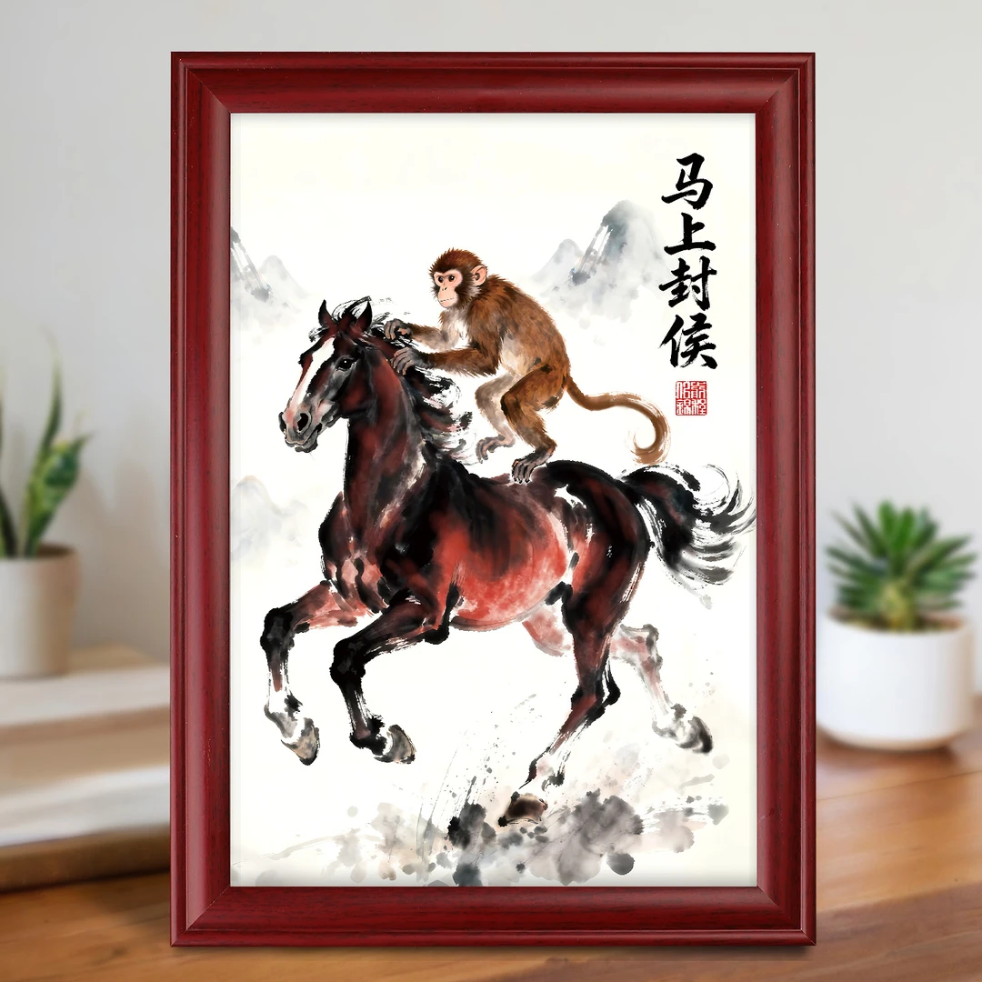马上封侯挂画摆件客厅玄关办公室中式2026马年吉祥装饰画摆台国画