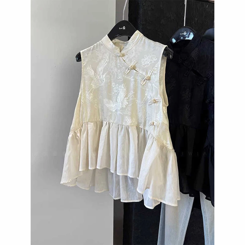 春夏季新款新中式国风提花衬衫女设计感俏皮荷叶边娃娃款盘扣上衣