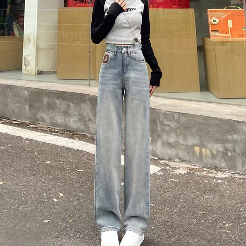 浅蓝色高腰窄版阔腿裤牛仔裤2025春夏新款直筒显瘦裤女长裤6901