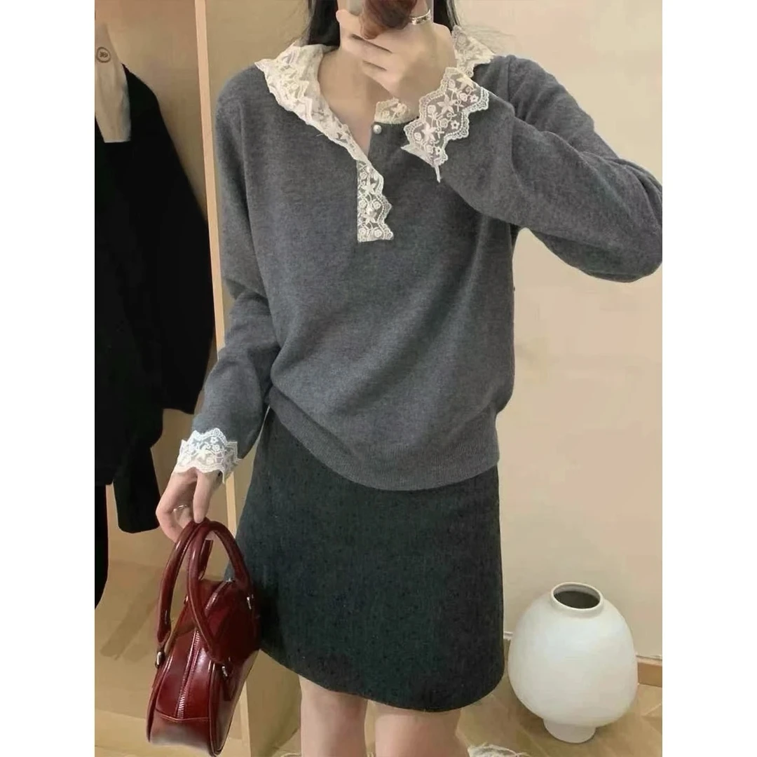 029 WF纯欲绝美粉色蕾丝拼接连帽毛衣女秋冬外穿小众高级上衣XH