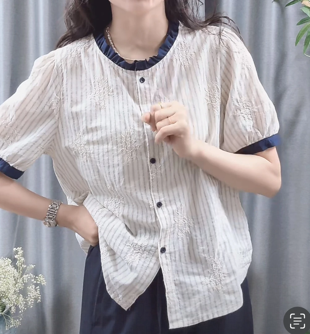 (棉)蓝领木耳边重工刺绣花洋气短袖小衫清新百搭夏季必备