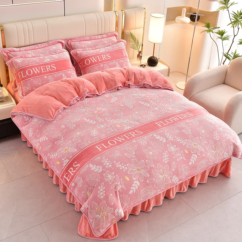 牛奶绒床上加厚冬床四件套绒被加绒防静电印花公主风毛绒双面绒被