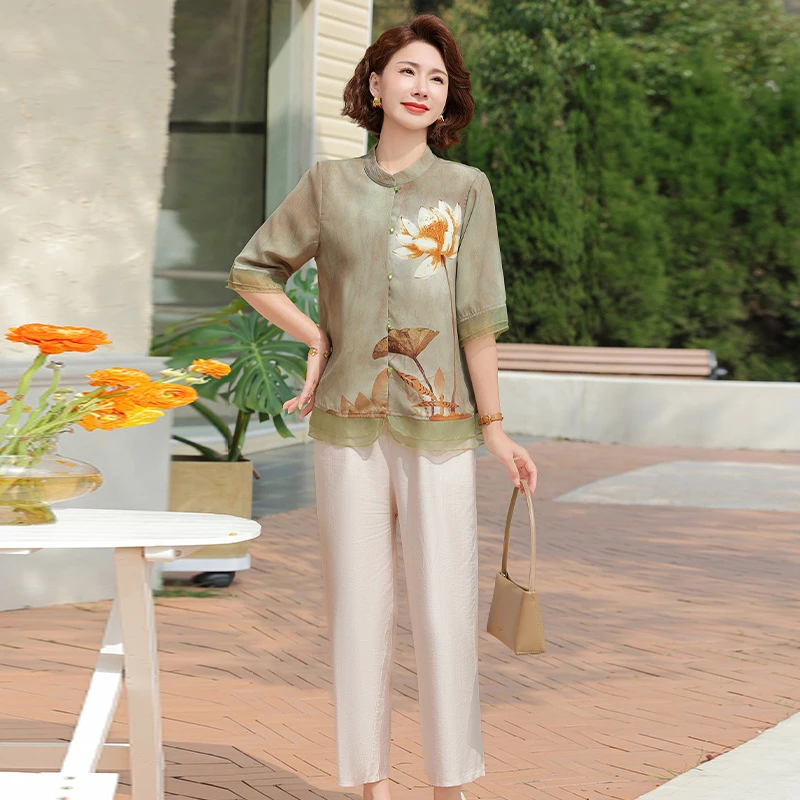 夏季妈妈印花两件套夏季中老年妈妈新款套装时尚婆婆大码上衣