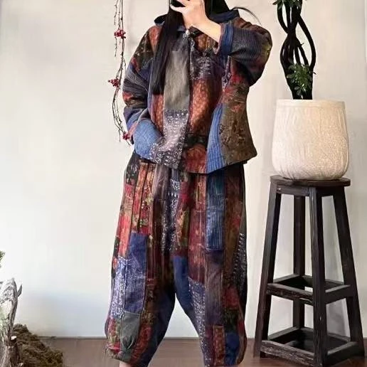 复古文艺时尚套装老布拼接连帽休闲上衣+高腰吊档休闲裤