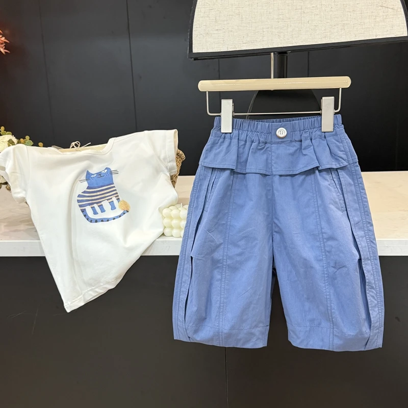 【现货】leomama女童蓝色六分裤夏季百搭休闲裤女孩时尚纯色短裤