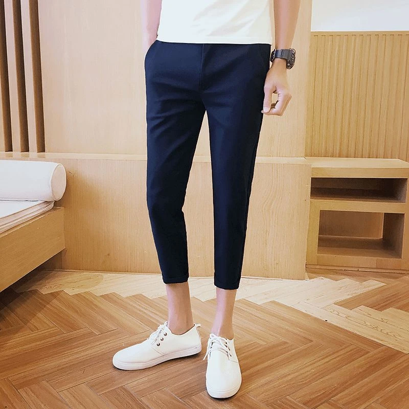 韩版青年修身八分裤夏季薄款速干免烫小脚裤锥形裤纯色潮流休闲裤