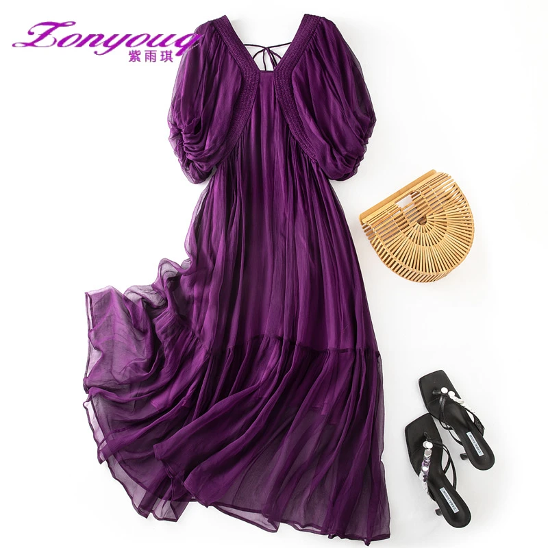紫雨琪丝连衣裙新款桑蚕丝高贵典雅紫色沙中长款纯色优雅大摆