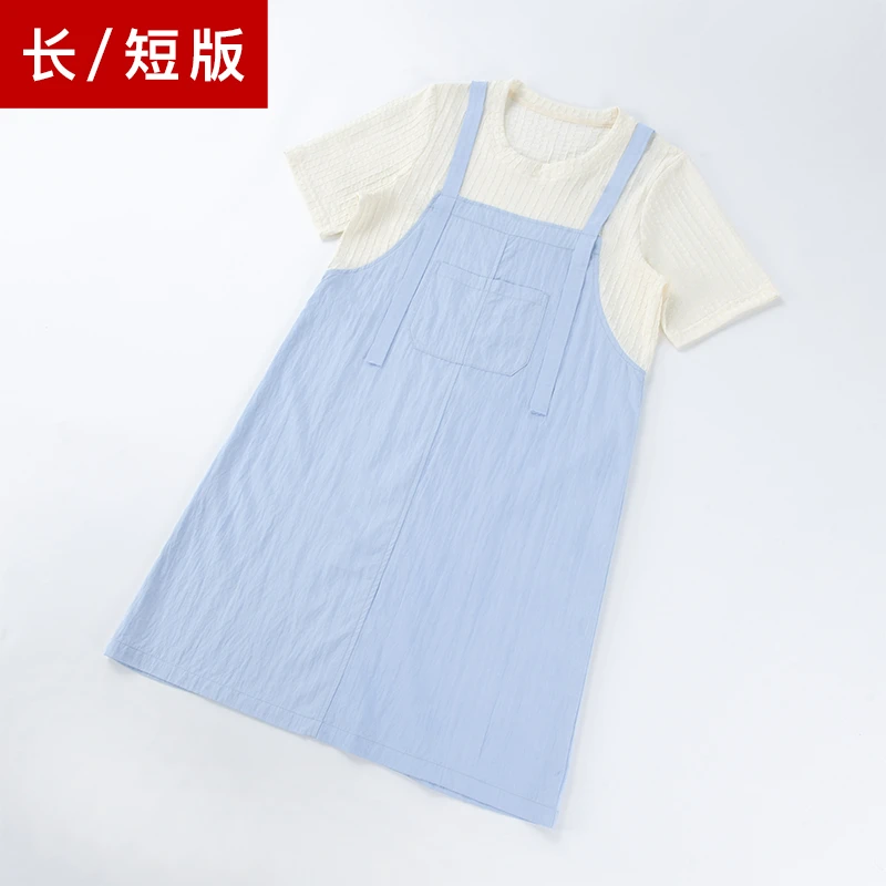 酒窝桃子大码假两件背带连衣裙纵向压皱肌理感压皱短袖显瘦遮肉夏
