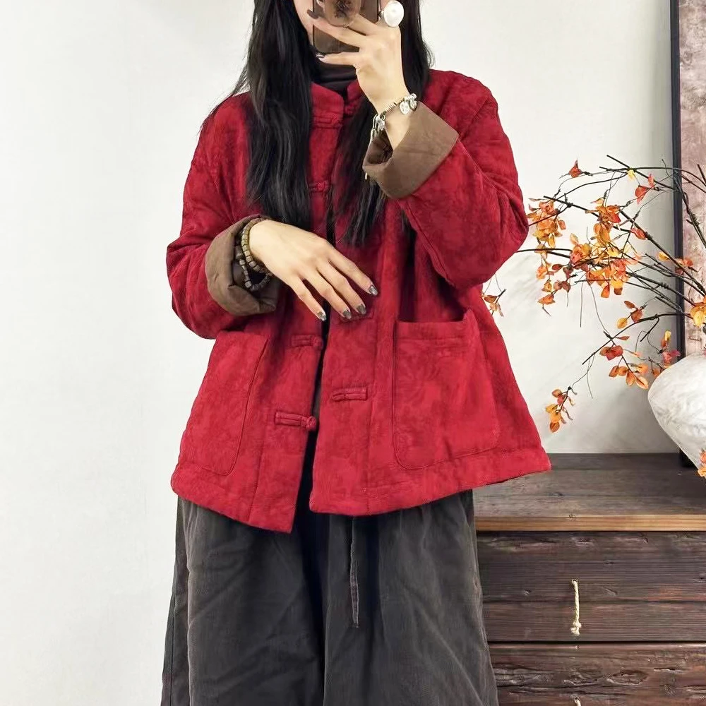 新中式国风冬季女装棉服棉衣加棉加厚棉袄手工盘扣夹棉外套上衣女