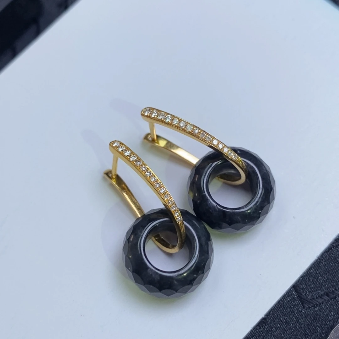 翡翠18K金镶嵌耳饰经典款耳包➕乌鸡切割面甜甜圈