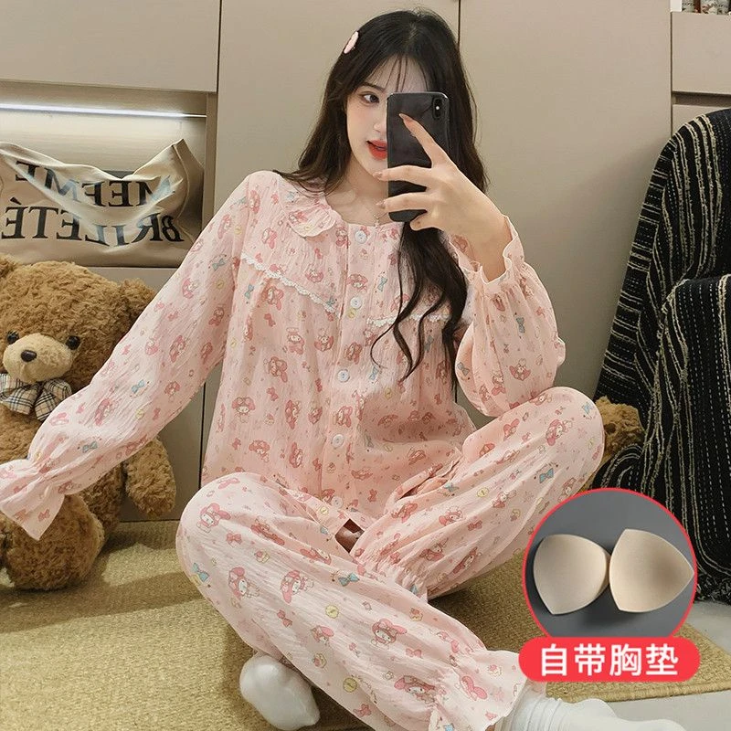 秋季卡通可爱美乐蒂夏季秋冬季睡衣长袖家居服套装带胸垫加厚大码