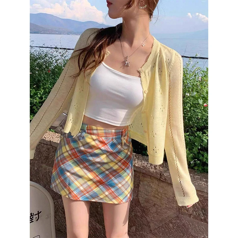 黄色薄款外搭镂空开衫女夏季防晒小罩衫冰丝时尚显瘦针织外套上衣