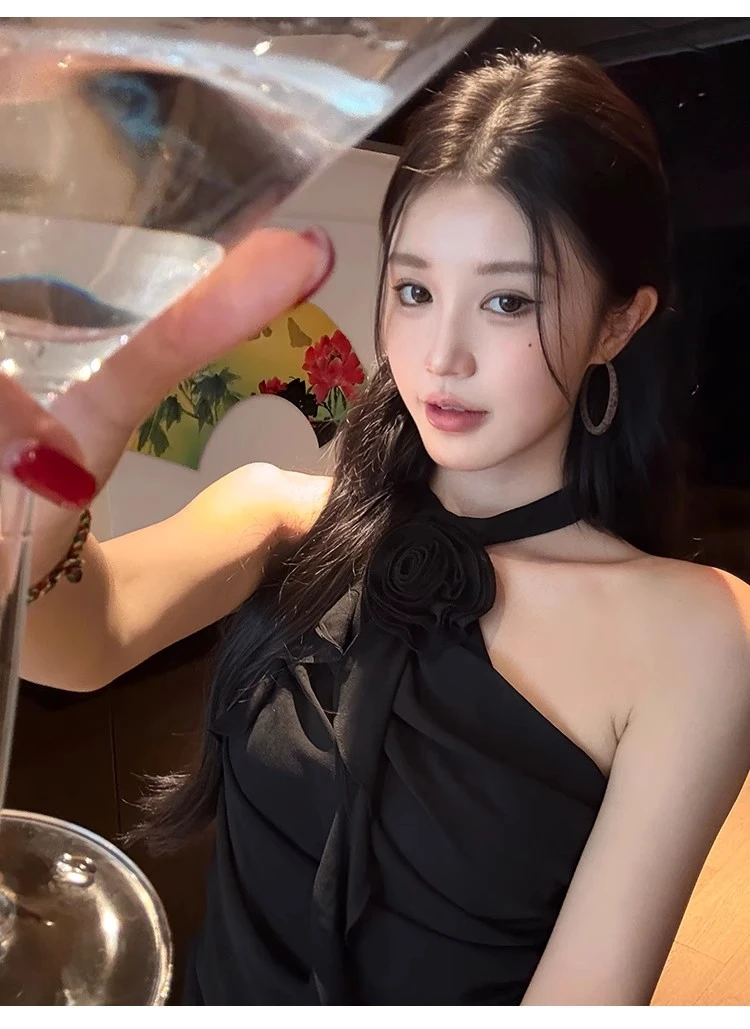 不冷BULENG 手工玫瑰花不规则剪裁褶皱挂脖雪纺衫女气质温柔上衣