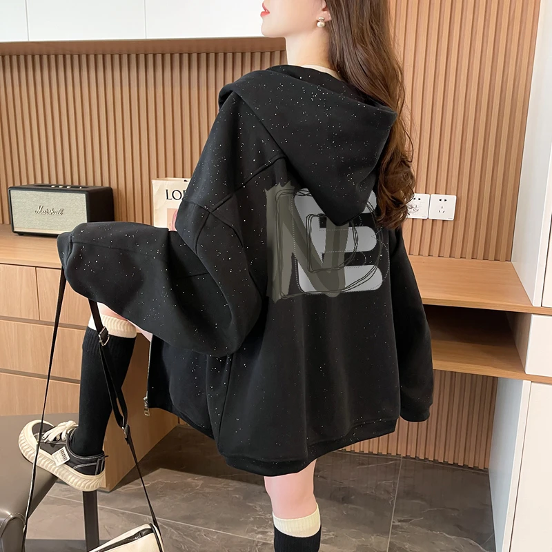 满天星设计感加绒外套女秋冬季韩版时尚宽松oversize开衫连帽上衣