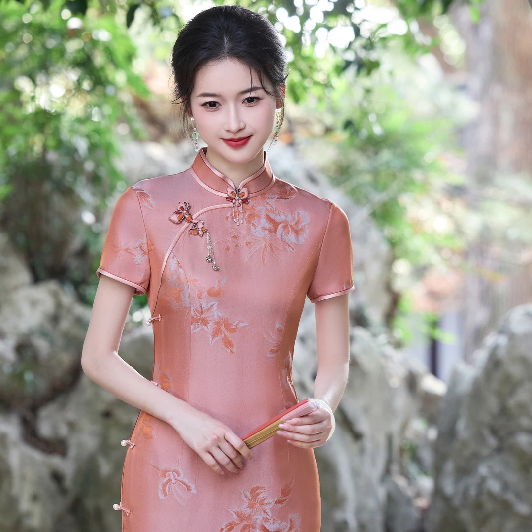 高端改良旗袍女2025年夏季新款短袖复古印花民国风日常真丝桑蚕丝