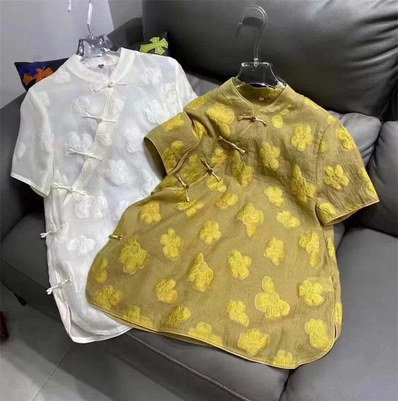 新中式复古洋气衬衫女装夏季新款立领盘扣印花短袖中长款国风上衣