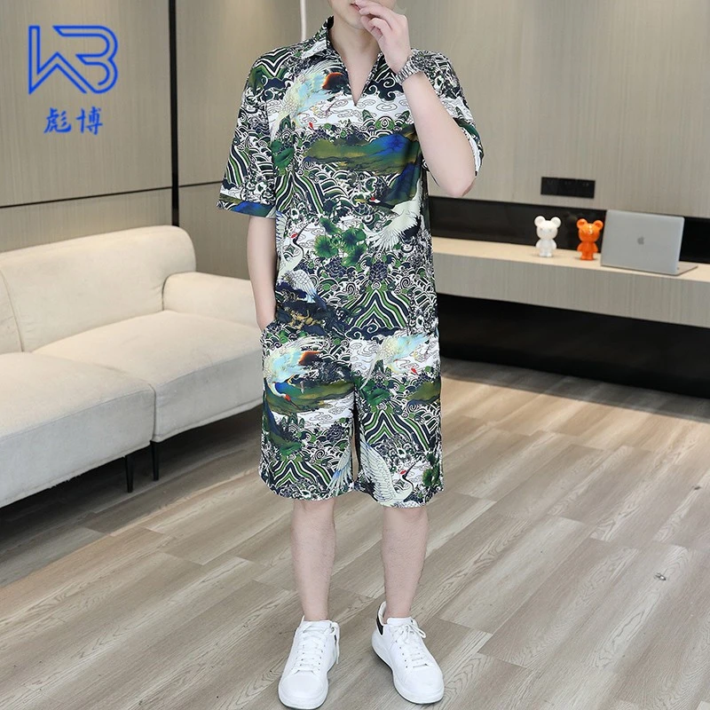 彪博夏季三亚海边度假穿搭男薄款速干可下水夏威夷花衬衫沙滩套装