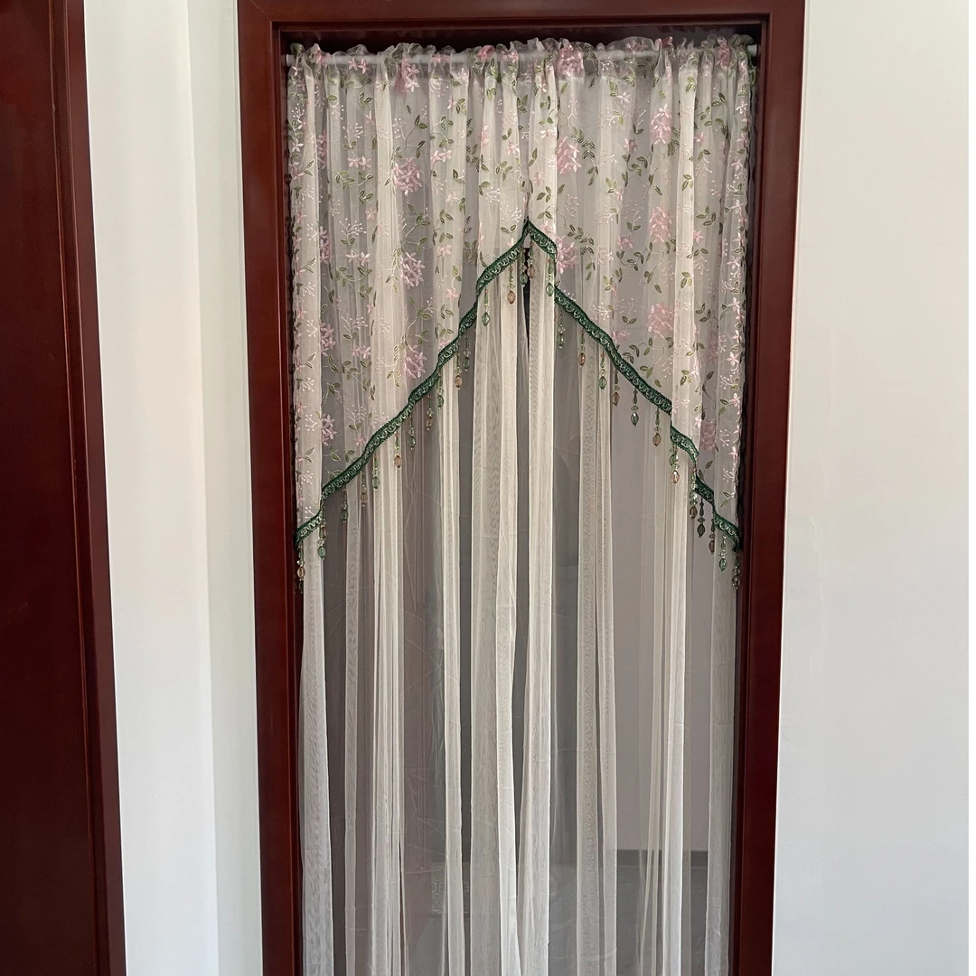 绿色 绣花长纱门帘隔断帘装饰帘免打孔重工刺绣拱形吊坠帘