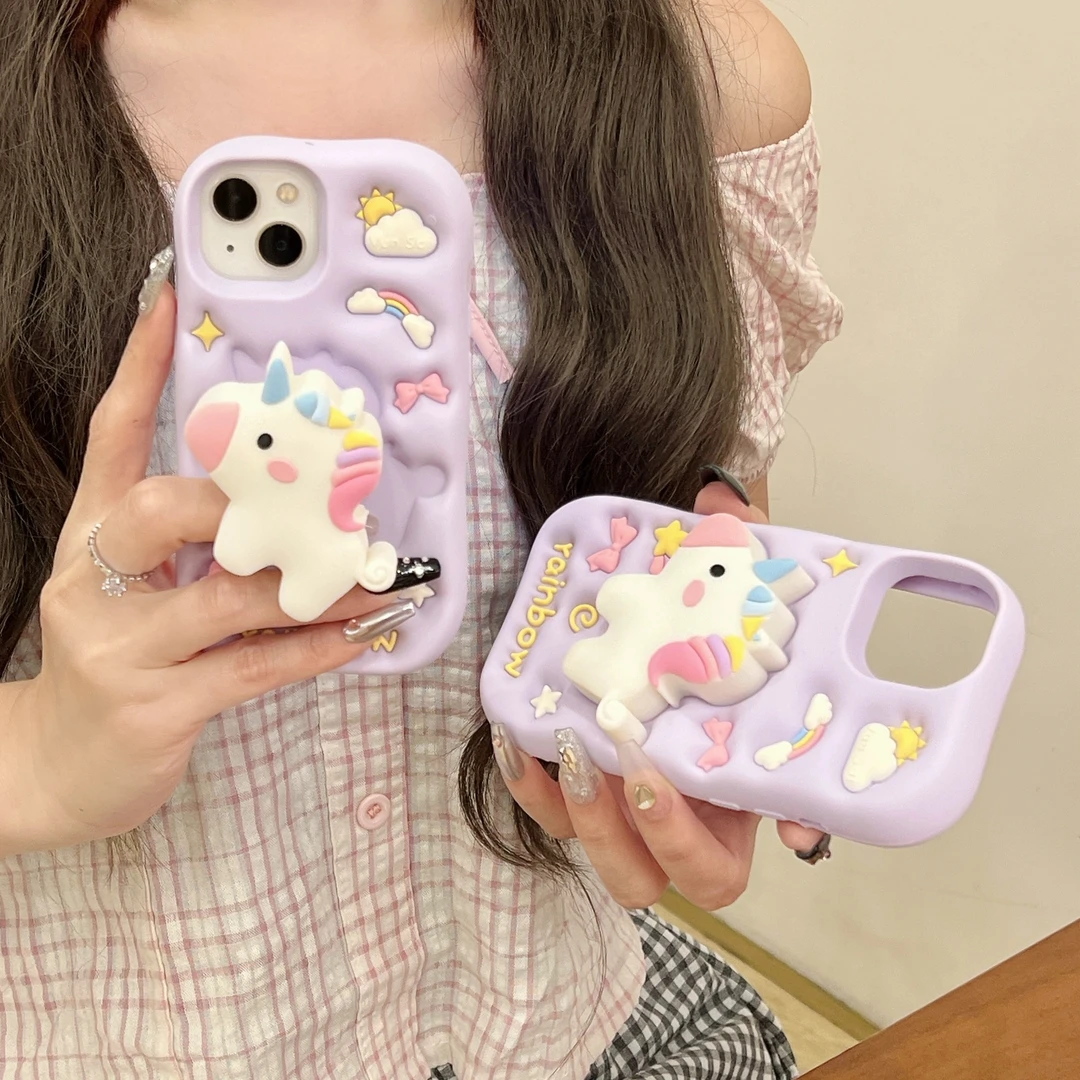 苹果|紫色支架旋转跑马灯独角兽适用iPhone17P可爱少女风硅胶软壳
