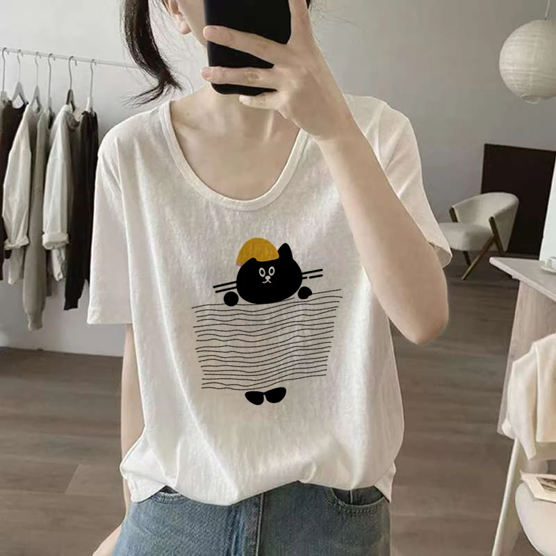 日常可外穿竹节棉V领卡通短袖t恤女潮设计感直筒型气质时尚休闲夏