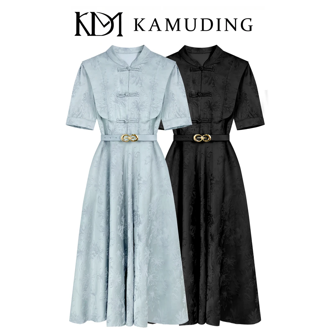 KAMUDING优雅气质A字裙特别设计感法式短袖连衣裙夏长裙8148-1
