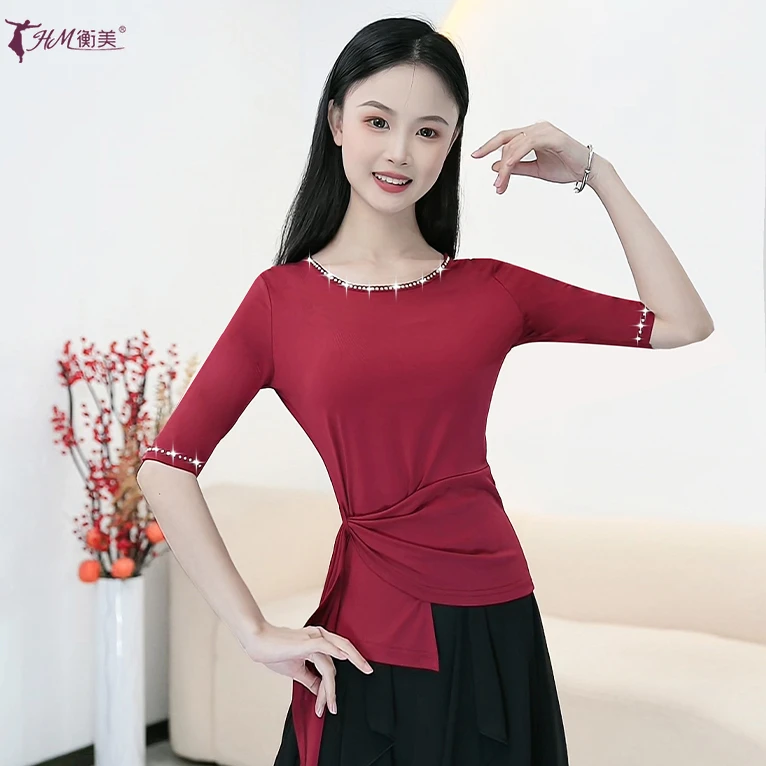 2025新款古典舞练功服烫钻纯色上衣成人绑带中袖现代舞形体服装