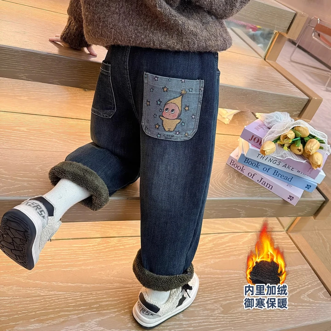 新品儿童加绒裤子冬款一体加厚女童老爹裤超柔牛仔外穿小脚长裤子