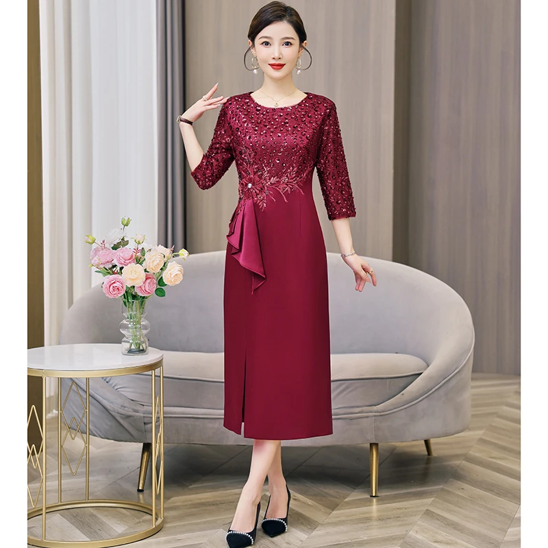 礼服小众设计师轻奢中长款遮肚子生日宴会喜婆婆喜妈妈婚宴连衣裙