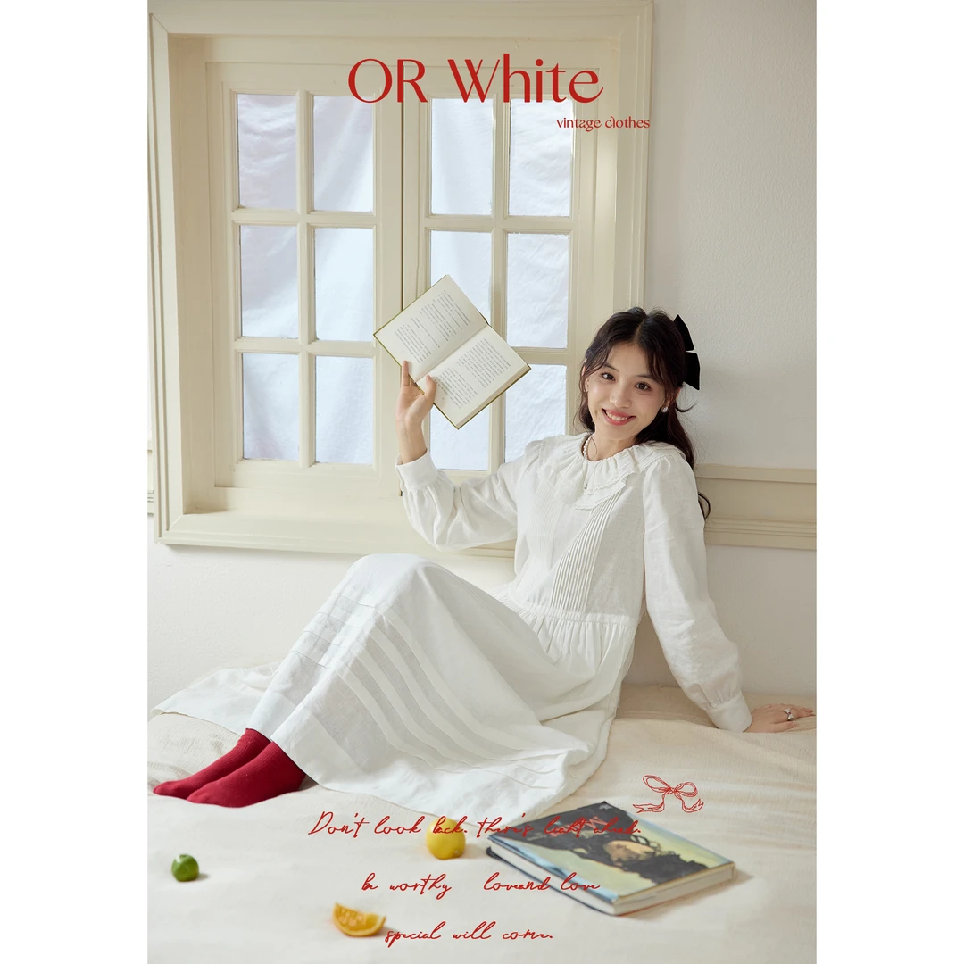 【ORWhite】法式复古重工荷叶花边领系带设计感白色连衣裙