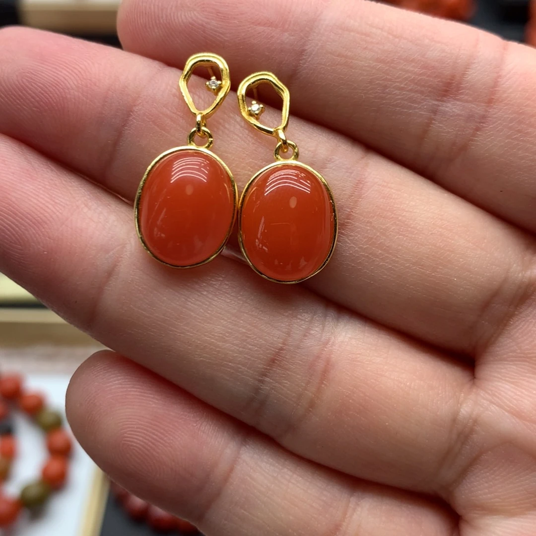 南红玛瑙耳饰银S925镀金镶嵌
