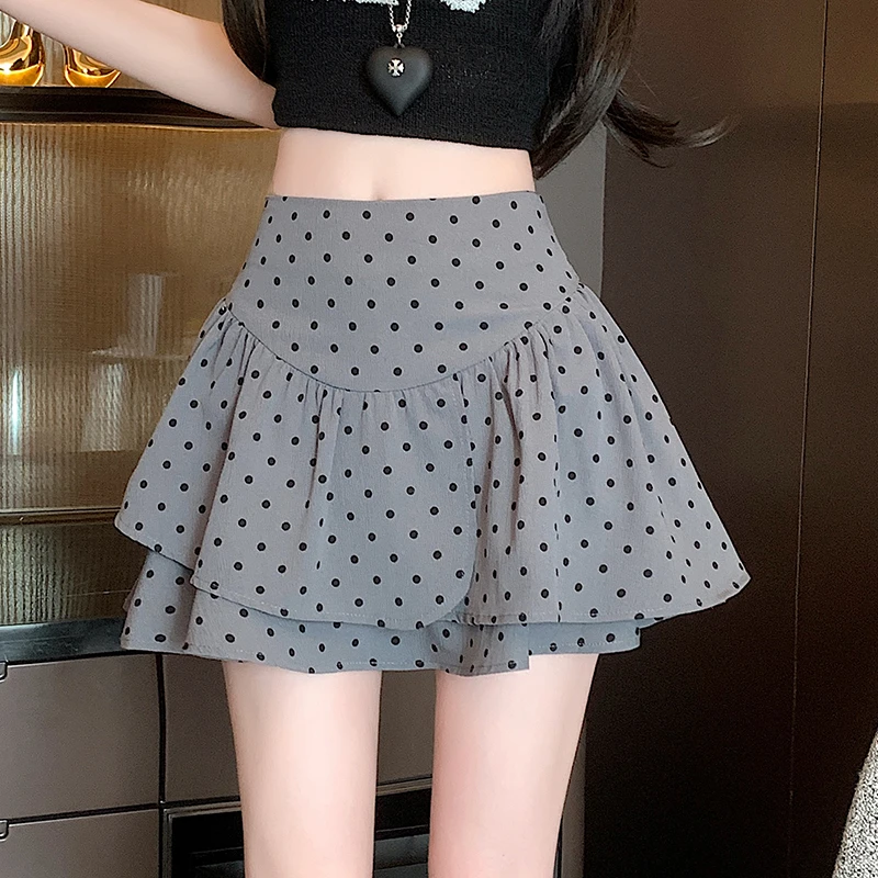 灰色波点不规则荷叶边蛋糕裙女夏季小个子蓬蓬短裙高腰显瘦半身裙