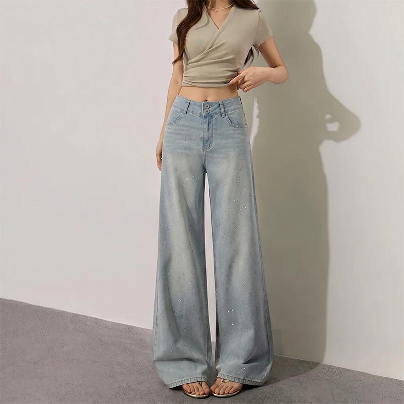 【汐月胖胖】烫钻天丝松紧腰牛仔裤女高腰显瘦长裤窄版直筒宽松