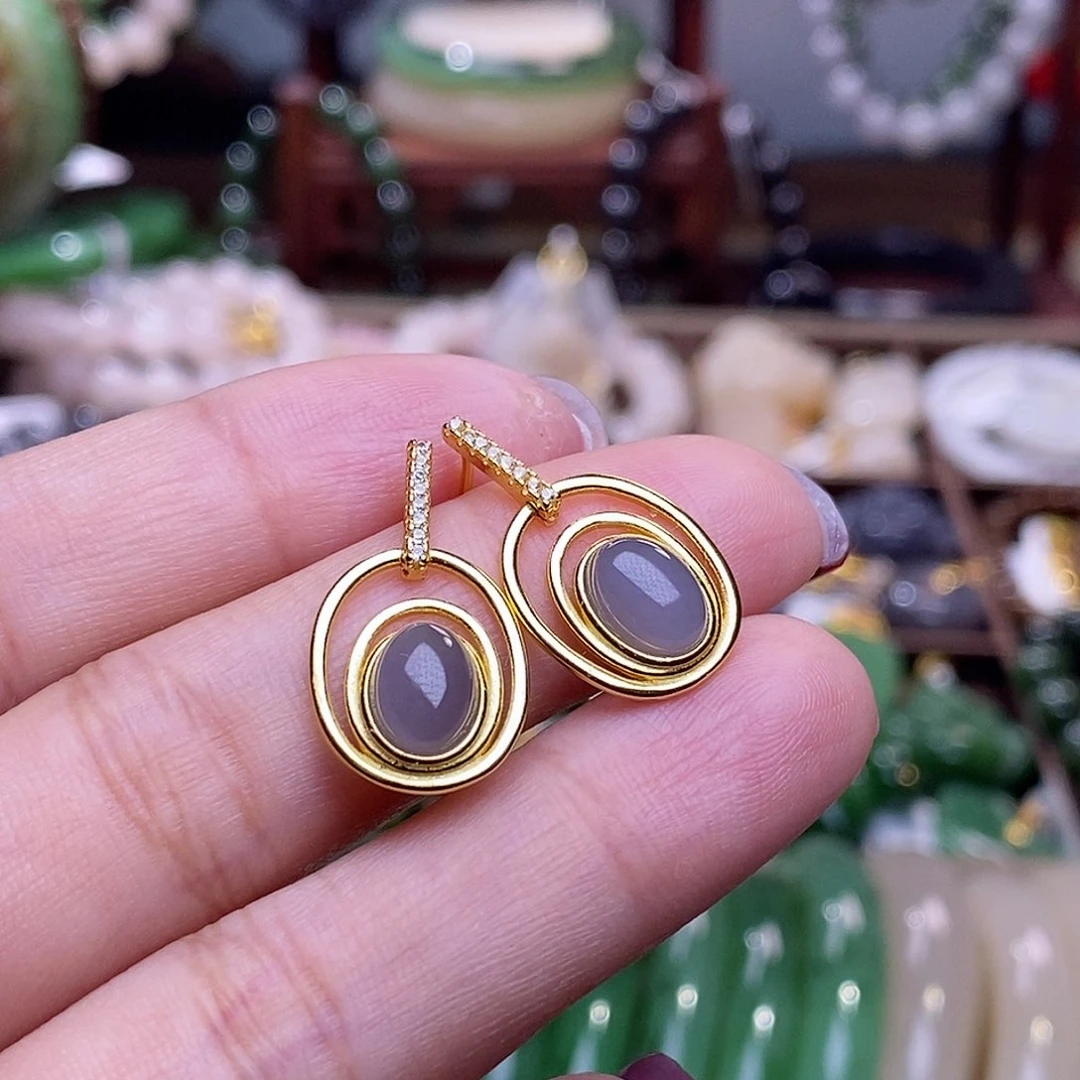 和田玉冰烟紫银耳钉未镶嵌