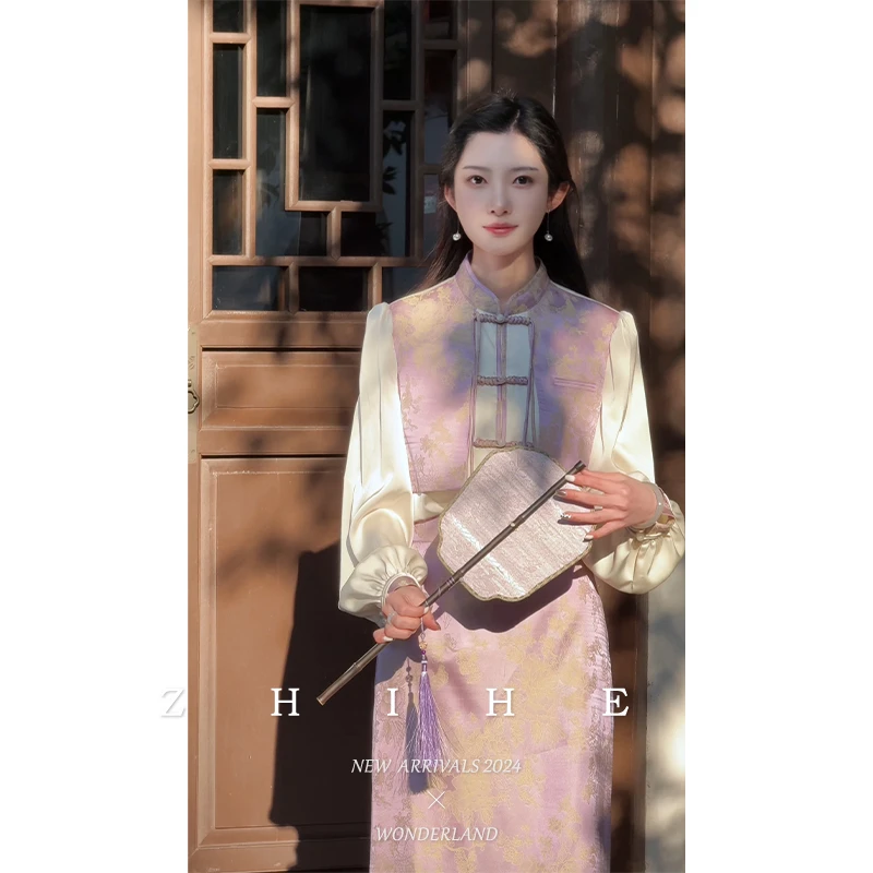 无艳一禾【步莺2.0】 原创新中式缎面人丝提花假两件衬衫上衣+半裙