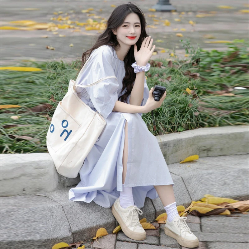 A969法式泡泡袖V领连衣裙女夏季2025新款蓝色清冷系收腰显瘦长裙