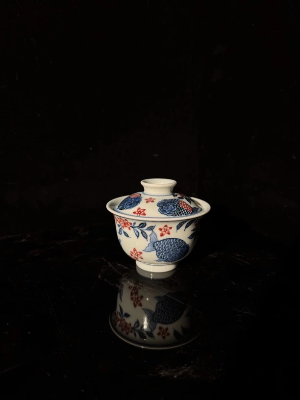 景德镇（清风瓷影）手工手绘兰寿鱼两才盖碗