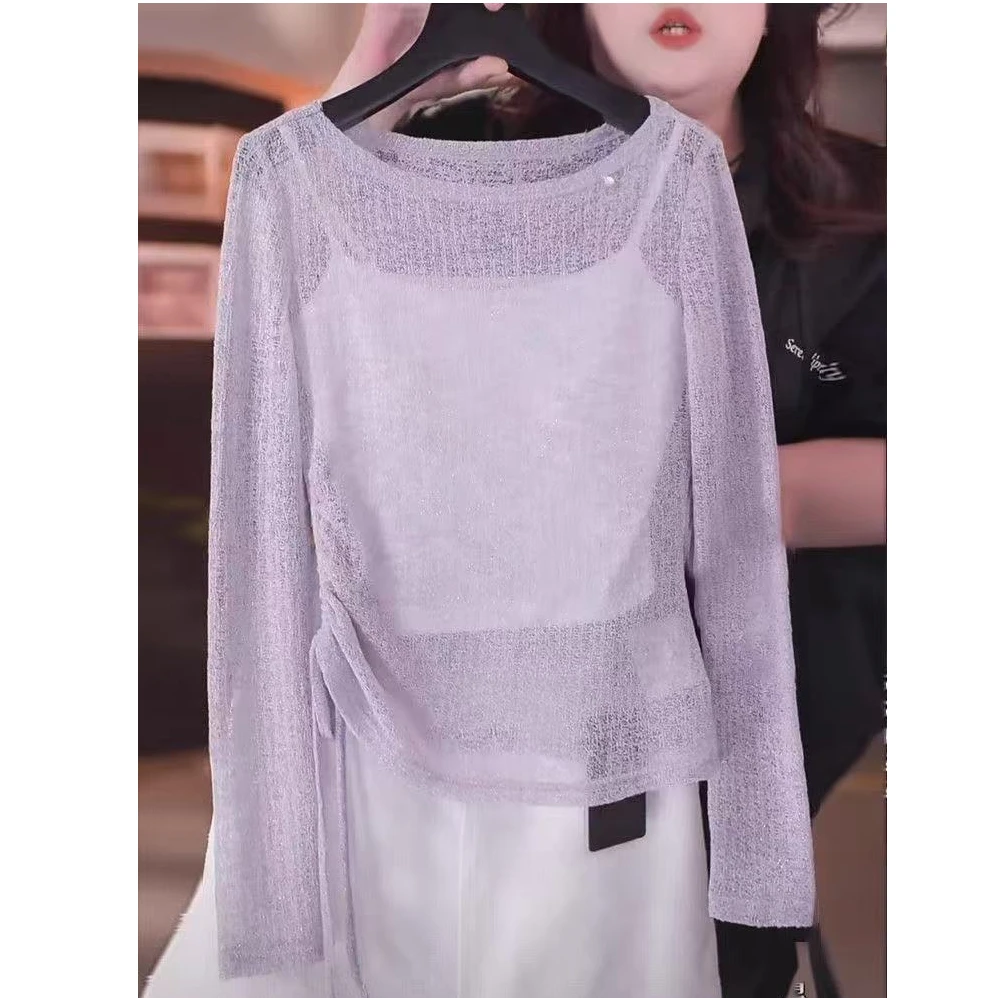 2025新款韩系紫色薄款镂空防晒罩衫女夏季宽松t恤收腰一字领上衣