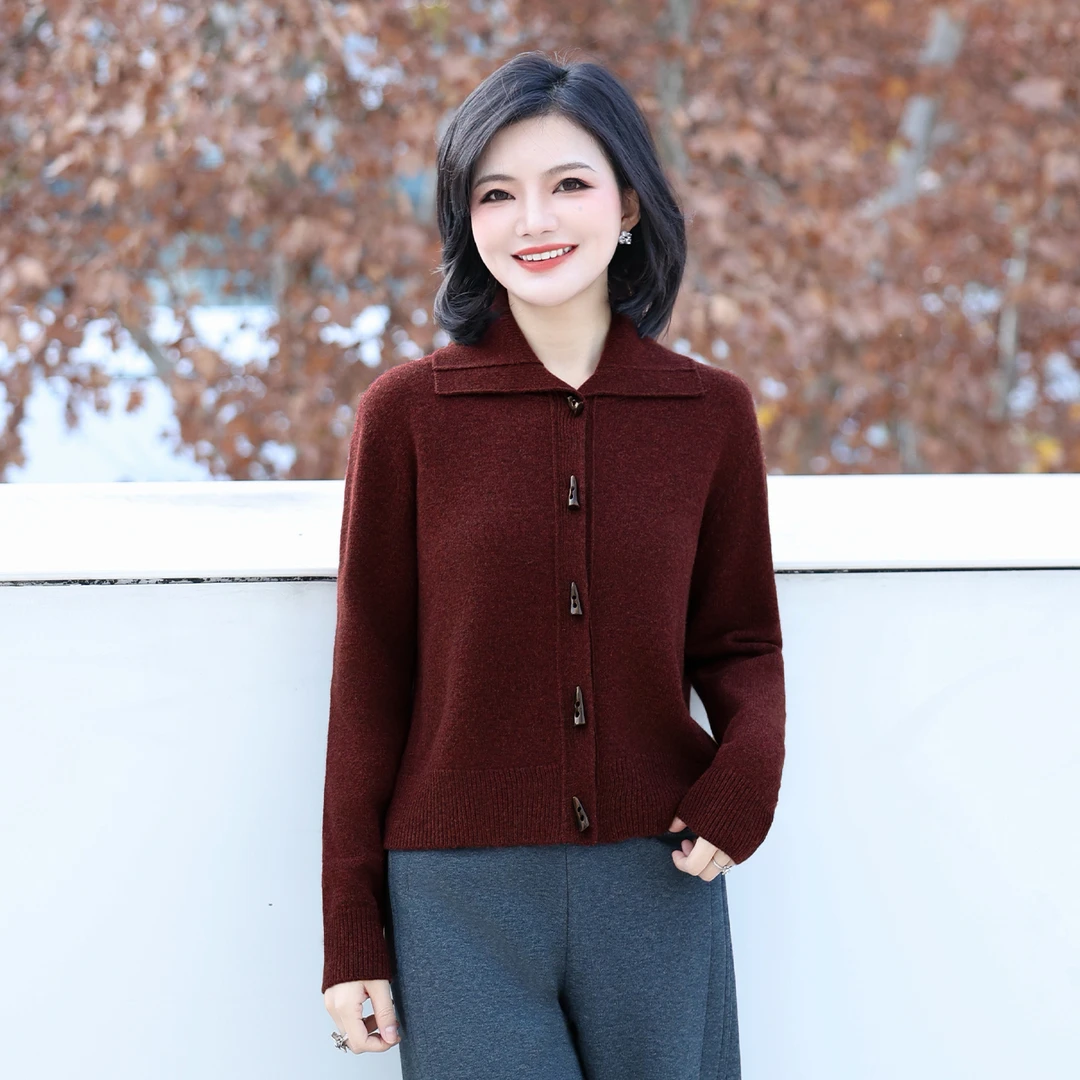 枫竺阿楠anan气质翻领牛角扣全羊毛花纱针织开衫女冬季保暖毛衣